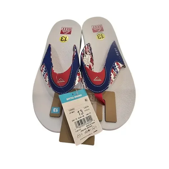 Reef Fanning Patriotic Flip Flops Mens 13 Red White Blue Bottle Opener Sandals - Picture 2 of 5